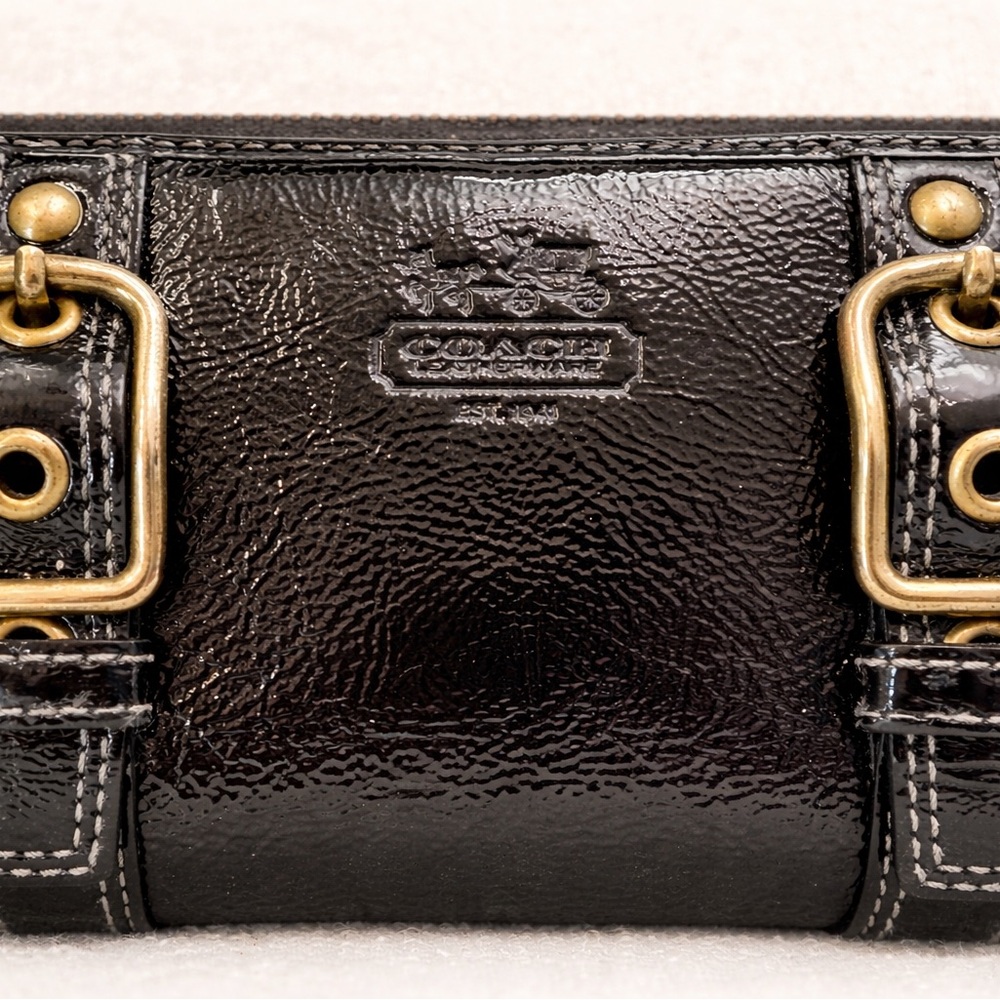 Coach Black Patent Leather Zip-Around Wallet with Brass Buckle Accents - Picture 4 of 8